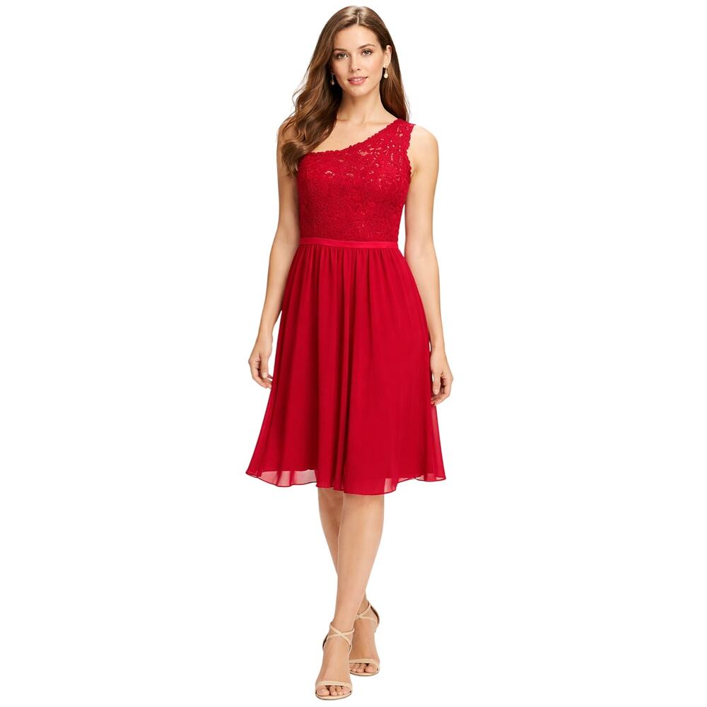 David’s Bridal Red Apple One Shoulder Lace Chiffon Midi Dress Sz 10 | Promo Hoco